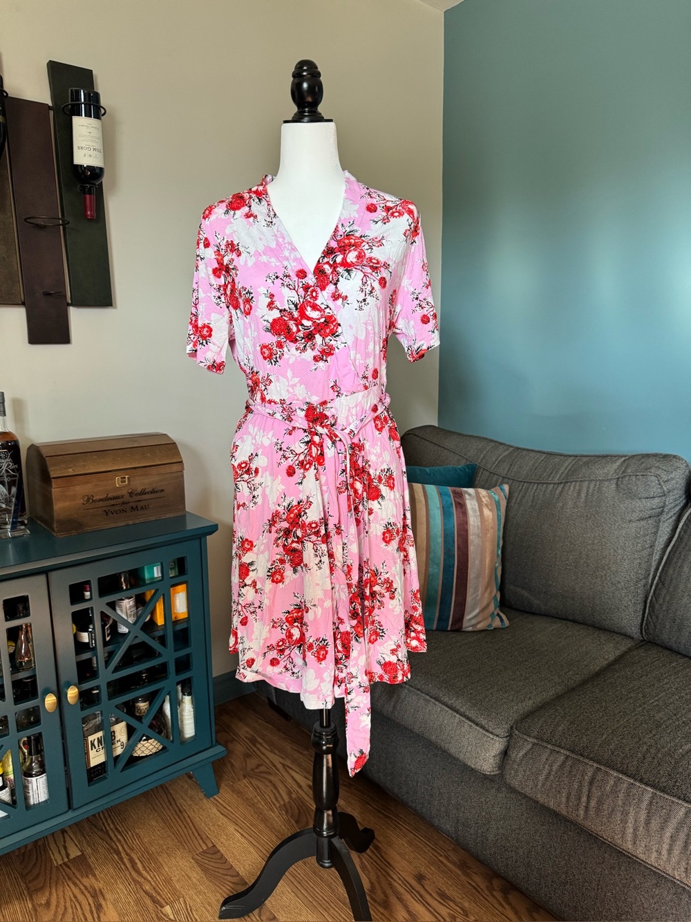 VENUS Pink Floral Wrap Midi Dress with Tie Waist